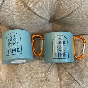 NWT Blue 'On Lake Time' Mugs with Orange carabiner Handles